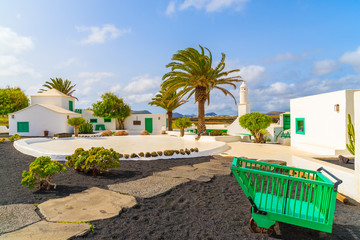 Typical Canarian style buildings and tropical plants, El Campesino village, Lanzarote island, Spain
