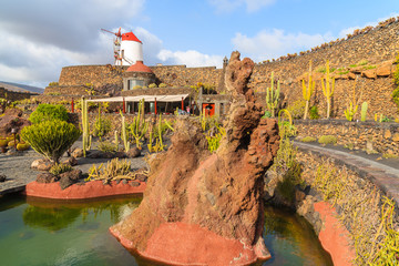 Red lava rock in pond and windmill in tropical cactus garden in Guatiza village, Lanzarote, Canary Islands, Spain