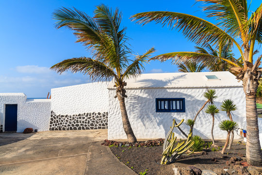 Typical white Canarian house with palm trees on El Golfo beach, Lanzarote, Canary Islands, Spain