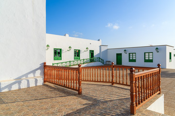 Church square and typical Canary style buildings in Las Brenas village, Lanzarote, Canary Islands, Spain