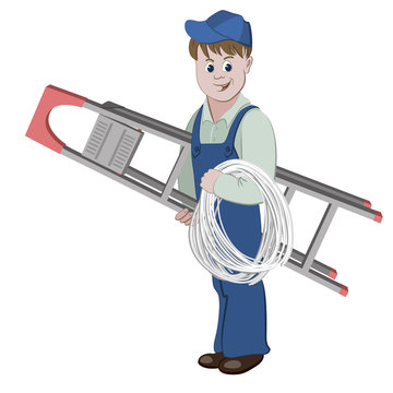 Illustration of electrician or cable guy standing with a ladder and a cable