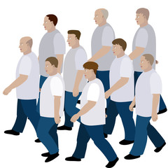 Crowd of men moving in jeans and T-shirt to the common direction