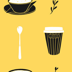 Yeamless pattern with coffee cups and oatmeal porridge. Illustrated vector background for kitchen and cafe fabrics, napkins, wrapping paper