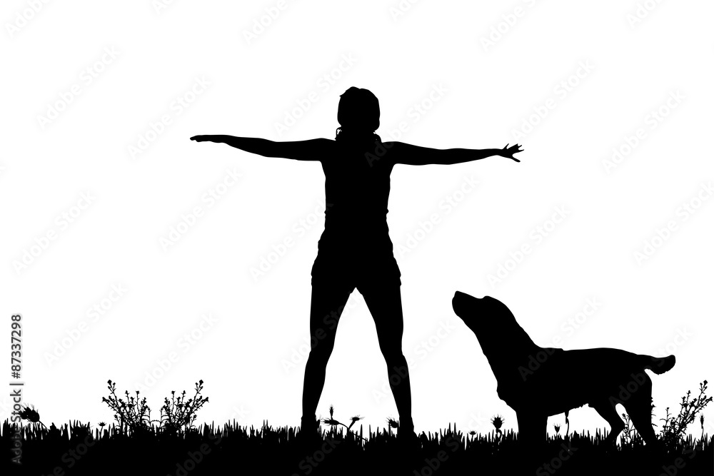 Canvas Prints Vector silhouette of a woman with a dog.