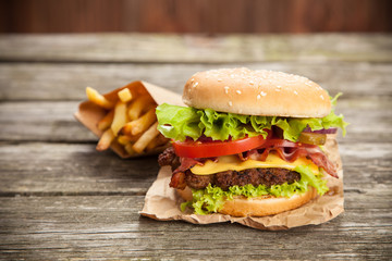 Delicious hamburger and fries