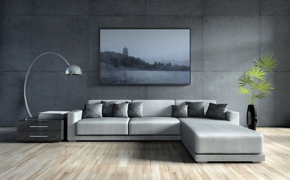 Sofa vor Betonwand mit Bild