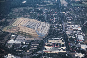 View of the German city Magdeburg from a hot air balloon. The eastern part with a solar power plant...