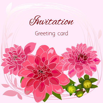 Romantic flower greeting card with dahlias and copy space