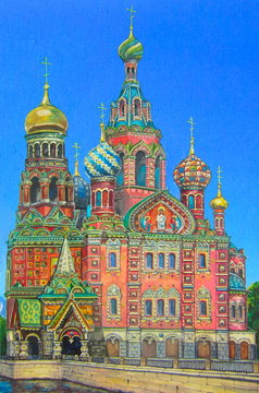 Original gouache painting of St. Petersburg Church