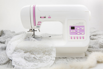 Background with sewing tools and colored fabric