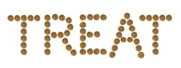 Multicolored inscription  made of dry pet food.