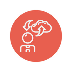 Man with cloud upload and download arrows thin line icon