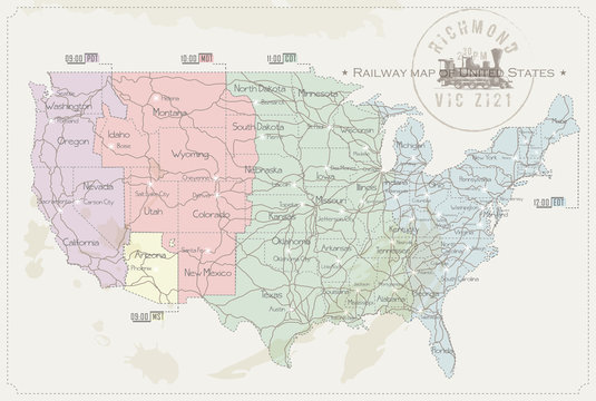 Railway map of United States in color