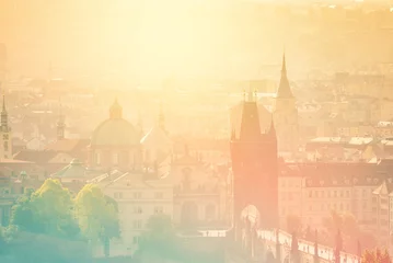 Fotobehang Prague Cityscape on Misty Morning, Retro Toned © Bits and Splits