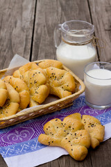 Buns with sesame seeds, beautiful cakes of dough