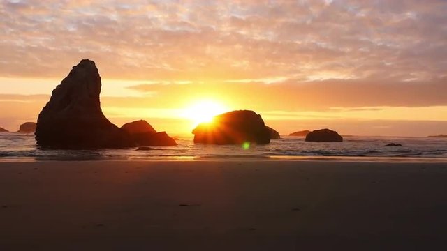 Ocean Waves and Rock Formations at Sunset on the Oregon Coast