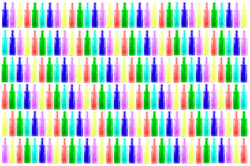 Colored bottles are several rows on a white background