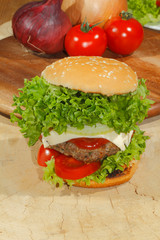 Hamburger, Fast food, Burger, Hacksteak, Salat, Tomaten, Käse, G