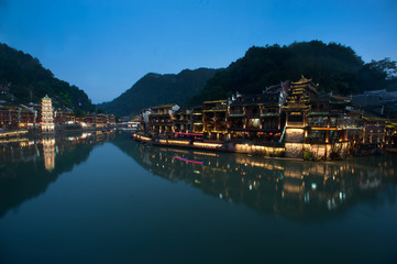 Fototapeta na wymiar Twilight scene of Fenghuang ancient city.