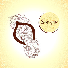 Set of summer icons in the shape of flip-flop. Doodle summer symbols.