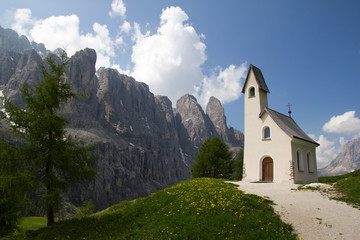 Chapel with mountain view in the background, Passo Gardena, Dolomite Mountains, Italy