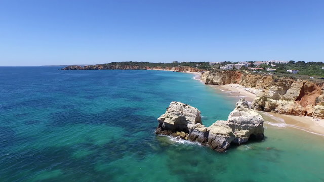 Aerial from natural rocks at Praia da Rocha in the Algarve Portugal