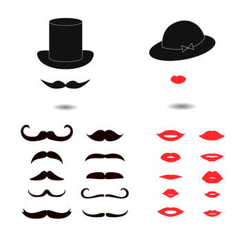 Set of mustaches and lips. Lady and gentleman vector illustration.