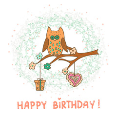 Happy birthday card template. Cute cartoon owl. Vector illustration.