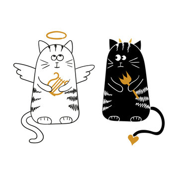 Cute cartoon cats, angel and devil. Vector illustration.