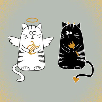Cute cartoon cats, angel and devil. Vector illustration.