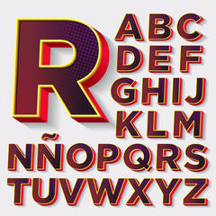 Vector set 3D alphabet. Purple, red and yellow volumetric typography. EPS 10