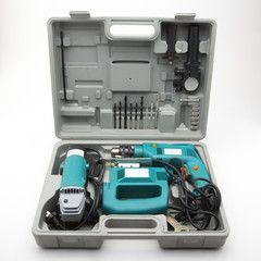 A box of drill and accessories Screwdriver in the box