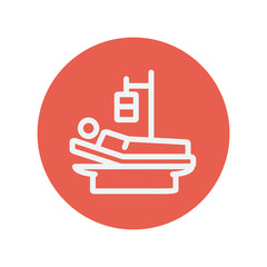 Sick man resting in bed with IV saline solution thin line icon
