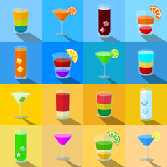 Set of beach themed cocktails in transparent glasses