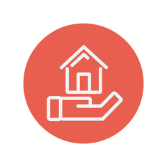 Hand holding house thin line icon