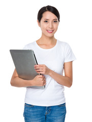 Asian young woman hold with laptop computer
