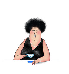 Funny Cartoon Lady Drinking Coffee or Tea