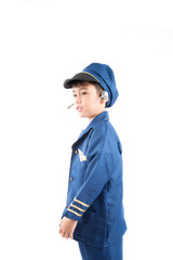 Little boy pretend as a pilot on white background