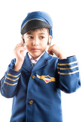 Little boy pretend as a pilot on white background