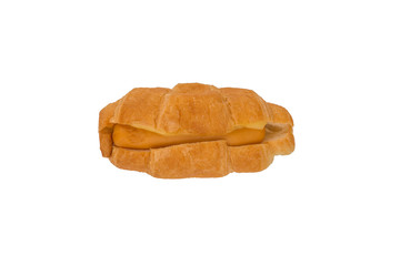 Cheap Croissant with hot dogs make by microwave from convenience store isolated on white background.