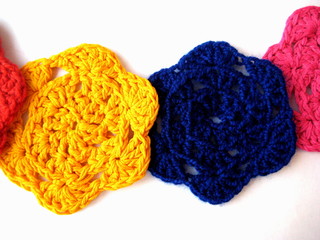 flower is knitted yellow, blue,