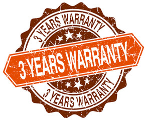 3 years warranty orange round grunge stamp on white