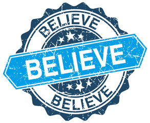 believe blue round grunge stamp on white