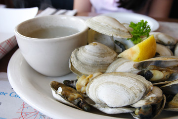 Bowl of Delicious Fresh Steamer Clams with Lemon and Broth..