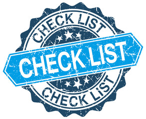 check list blue round grunge stamp on white
