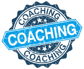 coaching blue round grunge stamp on white