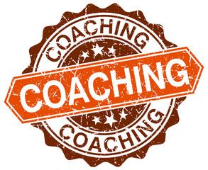 coaching orange round grunge stamp on white