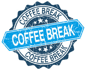 coffee break blue round grunge stamp on white