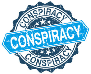 conspiracy blue round grunge stamp on white
