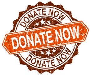 donate now orange round grunge stamp on white